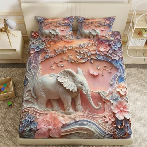 Image of Elephant 7D Printed Bedsheet for Double Bed | Glace Cotton 7D Digital Print | 90x100 Inch (228x254 cm) | 1 Bedsheet + 2 Pillow Covers | Soft, Breathable & Vibrant Colour Bedding Set