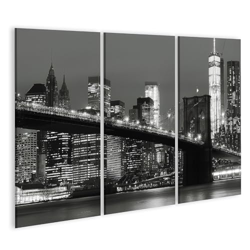 islandburner Cuadro sobre lienzo blanco y negro del puente Brooklyn Nueva York horizonte nocturno – 3 piezas
