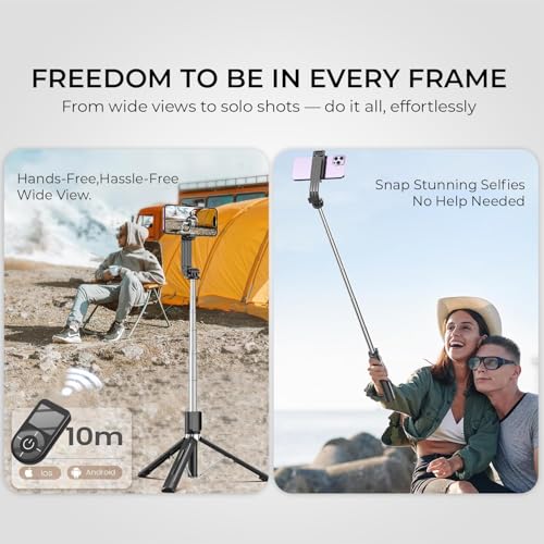 Image of BESTOR Selfie Stick Tripod with Wireless Remote, Extendable 3-in-1 Bluetooth Stand for Vlogging, Photography & Video Calls, Portable & Foldable (Mate Black)