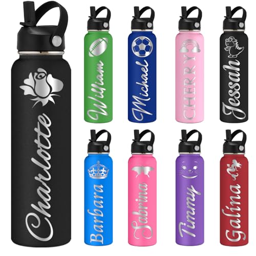 Swancharm Custom Water Bottles Personalized with Straw Lid 12/18/24/32/40 oz Customized Stainless Steel Water Bottle with Engraved Names Double Wall Insulated for School Sports