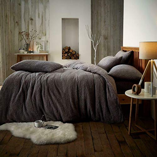 Super Soft Teddy Bear Sherpa Wool Feel Anti-Allergy Quilt Duvet Cover Sheet Set (Charcoal, Double Duvet Cover)