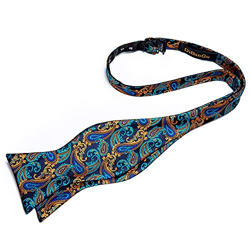 Image of DiBanGu Mens Silk Self Bow Tie Set 4PCS for Tuxedo Wedding,Teal Gold
