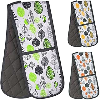 Prime Homewares Colour Leaf Design 100% Cotton Oven Glove Double Oven Gloves Double Oven Mitt Heat Resistant Oven Gloves (Grey/Yellow Leaf)