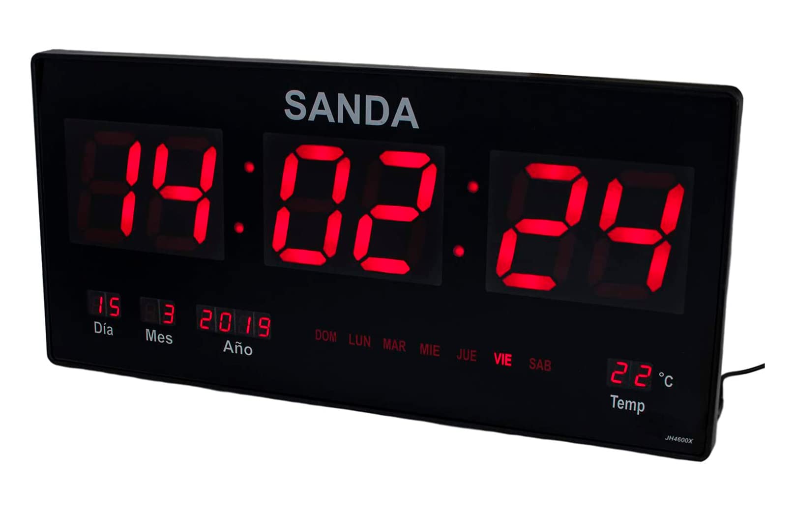 RevolutionLine - Sanda SD-0006 Reloj Digital de Pared Grande para Colgar | Led Color Rojo | Calendario | Termómetro | Fuente de Alimentacion | Alta precisión | 45 x 21,5 x 3 centímetros | Peso 1,1Kg