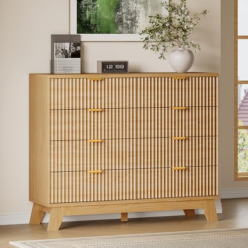 Image of BORNOON Fluted 8 Drawer Tall Dresser, 47.2 inch Wide Modern Boho Chest of Drawers, Wooden Storage Dresser TV Stand for Bedroom, Living Room, Closet, Hallway, Curved Profile Design