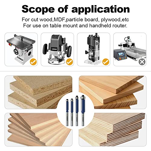 Image of 4Pcs Flush Trim Router Bits Set 1 /4 Inch Shank, Bottom Bearing Flush Cut Trim Router Bit for Woodworking, Cutting Diameter: 1 /4 inch, 5 /16 inch, 3 /8 inch, 1 /2 inch