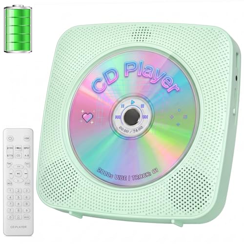 Image of Gueray Portable CD Player Bluetooth: CD Players for Home Rechargeable Desktop Wall Portable CD Player with Bluetooth & Dual Speakers 1800mAh Boombox FM Radio MP3 Music Player (Green)