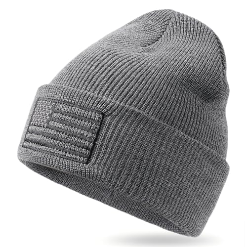 OUTDOOR SHAPING American Flag Embroidered Knit Cuffed Beanie for Men Women Tactical Winter Warm Hat Mid Charcoal & Grey Marled