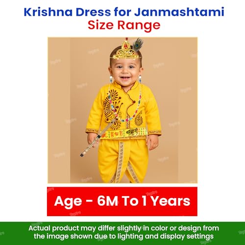 Image of Zest 4 Toyz Kids Krishna Dress Costume for Janmashtami Boys Kanha Fancy Dress Dhoti, Patka, Kundal, Morpankh, Mukut, Bansuri, Bajuband, Kamarband