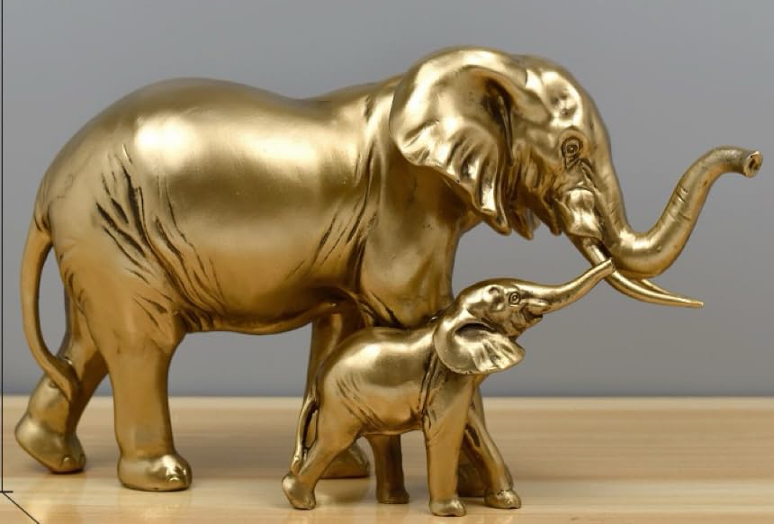 Estatuas de elefante doradas de resina, madre e hijo, decoración