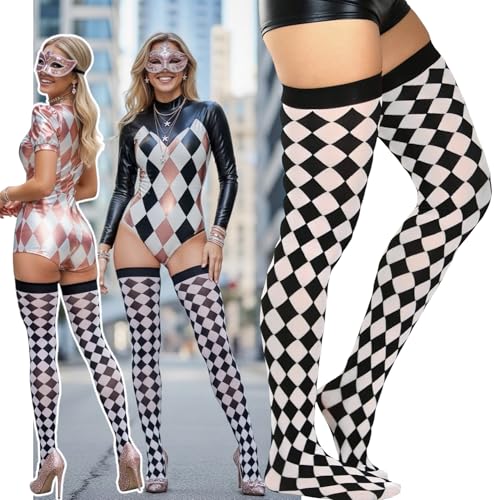 Image of ToBeInStyle Women's Harlequin Jester Thigh High Stockings Playing Card Checkered Opaque Halloween Costume Hosiery