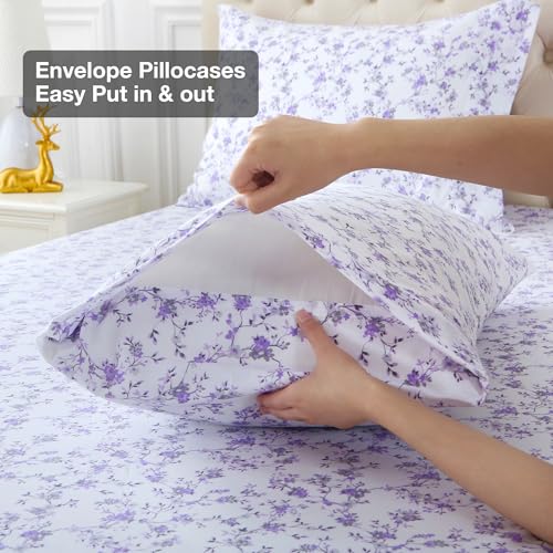 Image of Viviland Floral King Sheet Set - 4 Piece Purple Lavender Botanical Patterned Bed Sheets - Soft, Breathable Microfiber Sheets with Deep Pocket, Non-Slip Fitted Sheets & Pillowcases