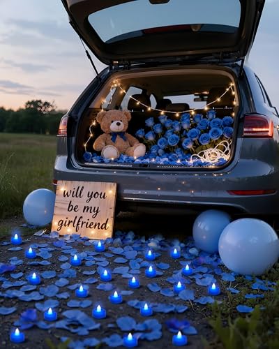 Image of Amagic 2000 Pieces Blue Artificial Rose Petals with 24 Blue Heart LED Tea Lights, Rose Petals and Candles Set for Proposal, Anniversary, Romantic Night, Wedding Decor