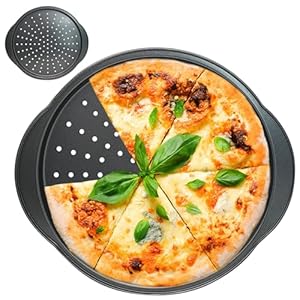 Non Stick Pizza Baking Tray for Oven, 13 Inch Round Pizza Pan with Holes and Handle, Carbon Steel, Dishwasher Safe, Easy to Clean