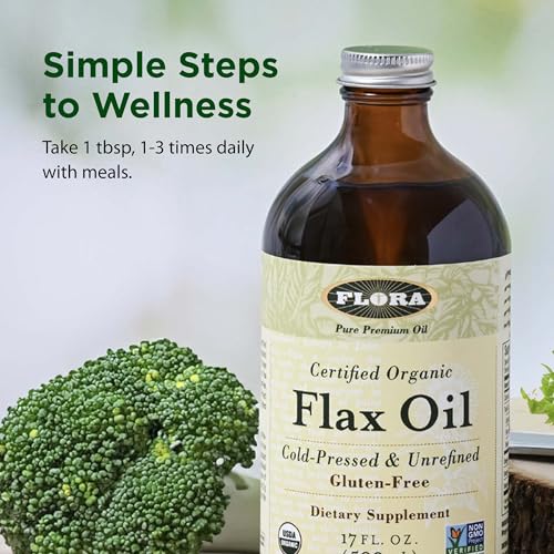 Image of FloraHealth Certified Organic Flax Oil, Cold-Pressed, 8.5 fl. oz. Glass | Cold-Pressed, Unrefined, Organic Flax Seed Oil, Contains Omega-3 & Omega-6, Non-GMO & Gluten-Free, Keep Chilled