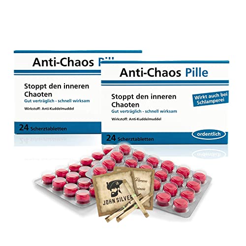 Lustige Pillen Anti-Chaos Pille 2er Set, als Geburtstagsgeschenk. Spaß, Anti Stress, gute Laune, Junggesellenabschied Mann und Frau. mit John Silver® Orakelsprüchen