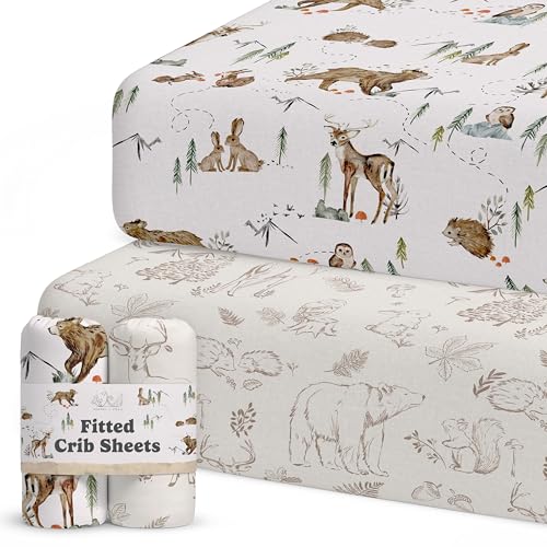 Image of Crib Sheets Neutral - Fitted Baby Crib Sheets Bed for Girl Boy - 2 Pack Standard & Toddler Mattress - Buttery Soft Organic Cotton Blend (Magic Forest)