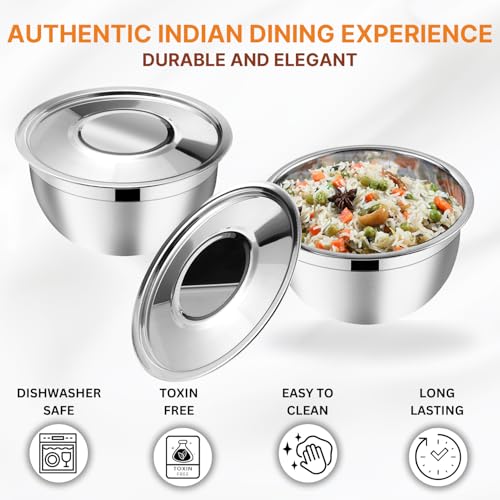 Image of Vinod Kraft Stainless Steel Serving Bowl with Lid Set of 4 pcs - 18cm | Mixing Steel Big Bowl | Salad, Fruit, Desert, katori Set | Matt Finish, Food Grade | 2 Year Warranty - Silver
