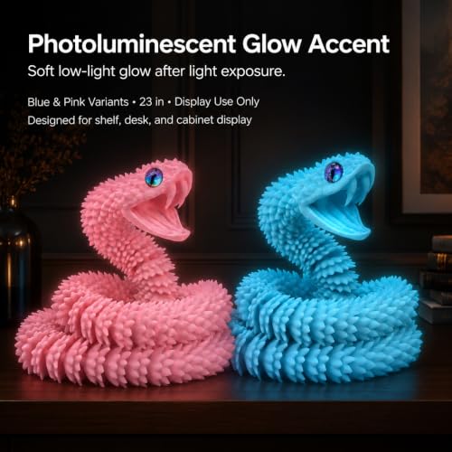 Image of 2-Pack 3D Printed Blue & Pink Viper Snake Sculptures, 23 inch Glow-in-the-Dark Articulated Reptile Display Set with Movable Jaws & Fangs, Eco PLA Desk Decor for Adult Collectors