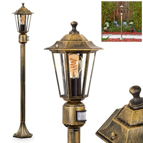 HOFSTEIN Lampada da esterni Loria, lampada da sentiero con sensore di movimento in metallo/vetro color oro/marrone chiaro, lampada da esterno effetto antico, altezza 107 cm, illuminazione da giardino