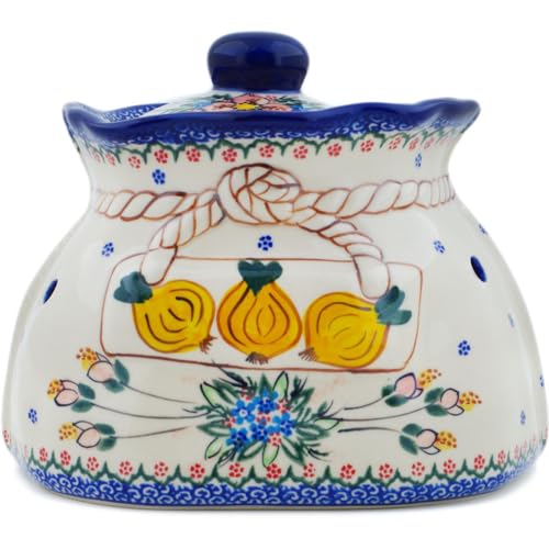 Authentic Polish Pottery Garlic and Onion Jar Signature UNIKAT in Perfect Garden Design Handmade in Boles?awiec Poland + Certificate of Authenticity