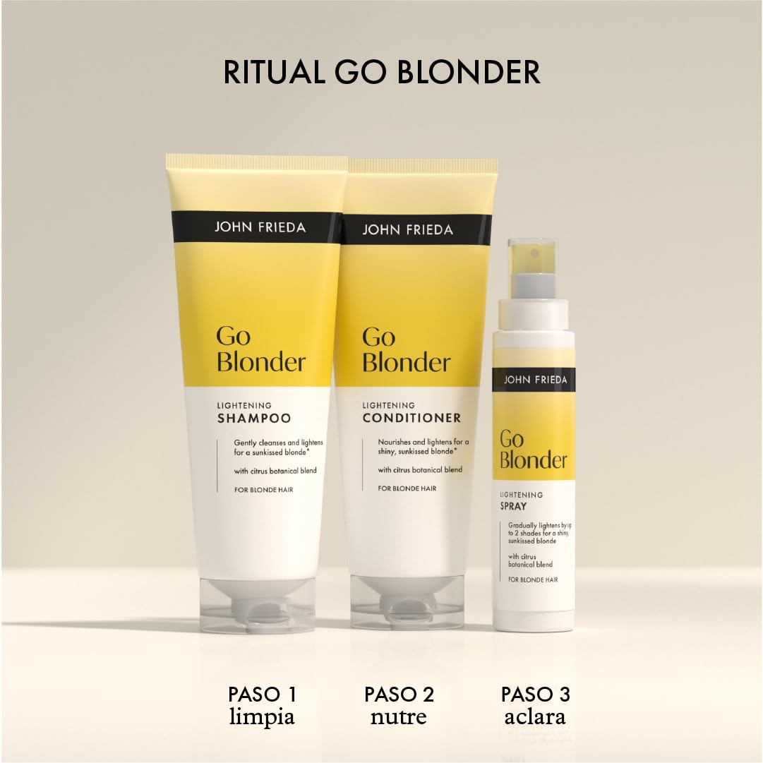 John Frieda Go Blonder Progressive Bleaching Spray | hebt Blond bis zu 2 Nuancen mit Wärme auf | frischt Reflexe und Wurzeln auf | mit Botanical Citrus Complex | natürliches oder gefärbtes Blond | 100