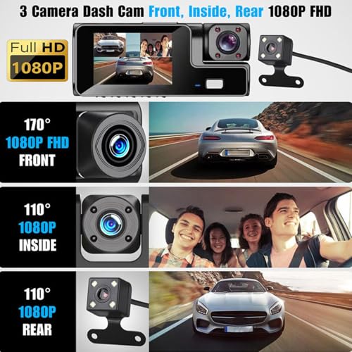 Dash CAM - Cámaras montadas en el Tablero del automóvil, grabadora de Video 1080P con de Lentes Inteligente de 3 Canales Accesorios para Viajes de estacionamiento Vehículo Camión Conductor Pas - imagen 4