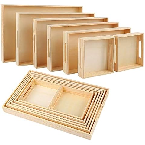 Aodaer 7 Pieces Wooden Nested Serving Trays Rectangular Shape Wood Trays Serving Trays with Handles for Kitchen Party Dinner Snacks Cover