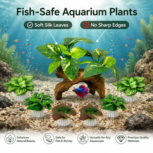 Image of 9-Pack Silk Aquarium Plants & Driftwood Cave Fish Tank Decor Accessories | Soft Silk Plants Aquarium Decorations, Fish-Friendly, Small Fish Tank Decorations for Betta, Shrimp, Cichlid Tank & Reptiles