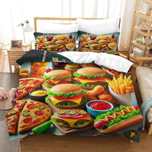 Parure de Lit 140x200 Hamburger et Frites 3D Imprimé Housse de Couette 1 Personne Pizza et Hot-Dogs House de Couette Microfibre pièces et 2 Taies d'oreiller...