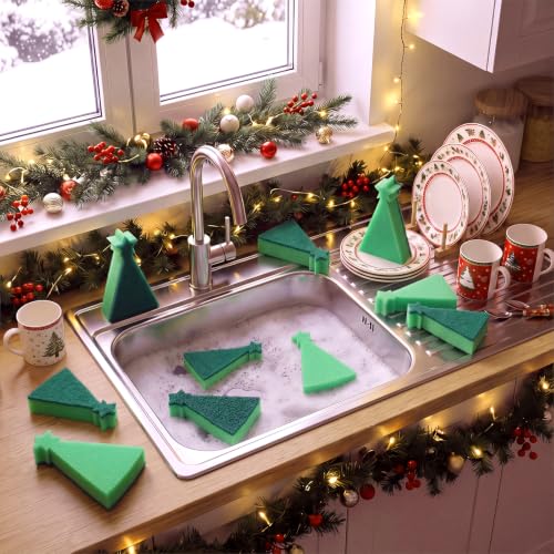 Image of Tioncy 12 Pack Christmas Tree Kitchen Sponges Bulk Green Star Top Tree Dual Sided Scrubber Sponges Dishwashing Kitchen Cleaning Accessories for Home Decor Household Supplies