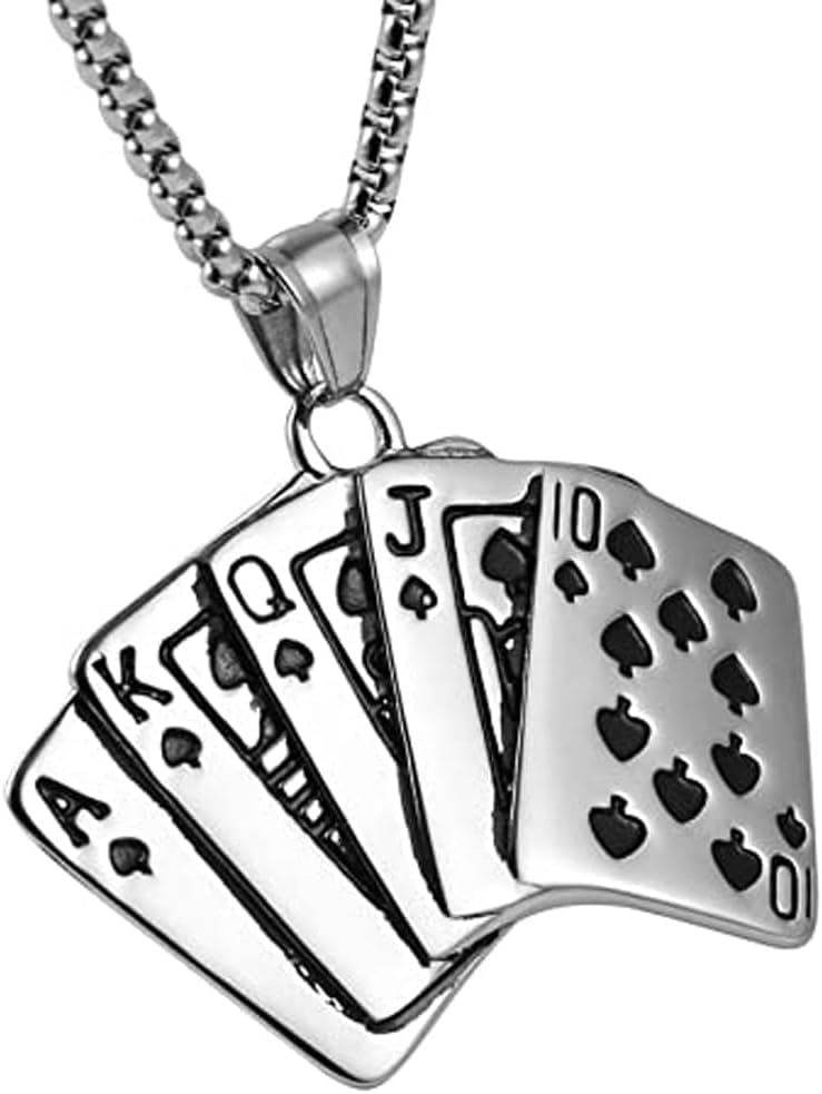 Mens Hiphop Creative Design Fashion Jewelry Playing Poker Cards Silver Alloy, Metal Pendant Necklace Chain for Men and Women SPn20230114