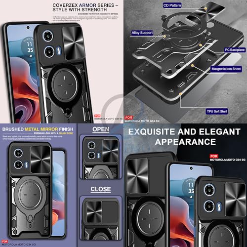 Image of AESTMO Armor Motorola Moto G34 / G45 5G Bumper Back Case Cover | Ring Holder & CD Pattern Sliding Camera Shutter Cover | Back Case Cover for Motorola Moto G34 / G45 5G (Black)