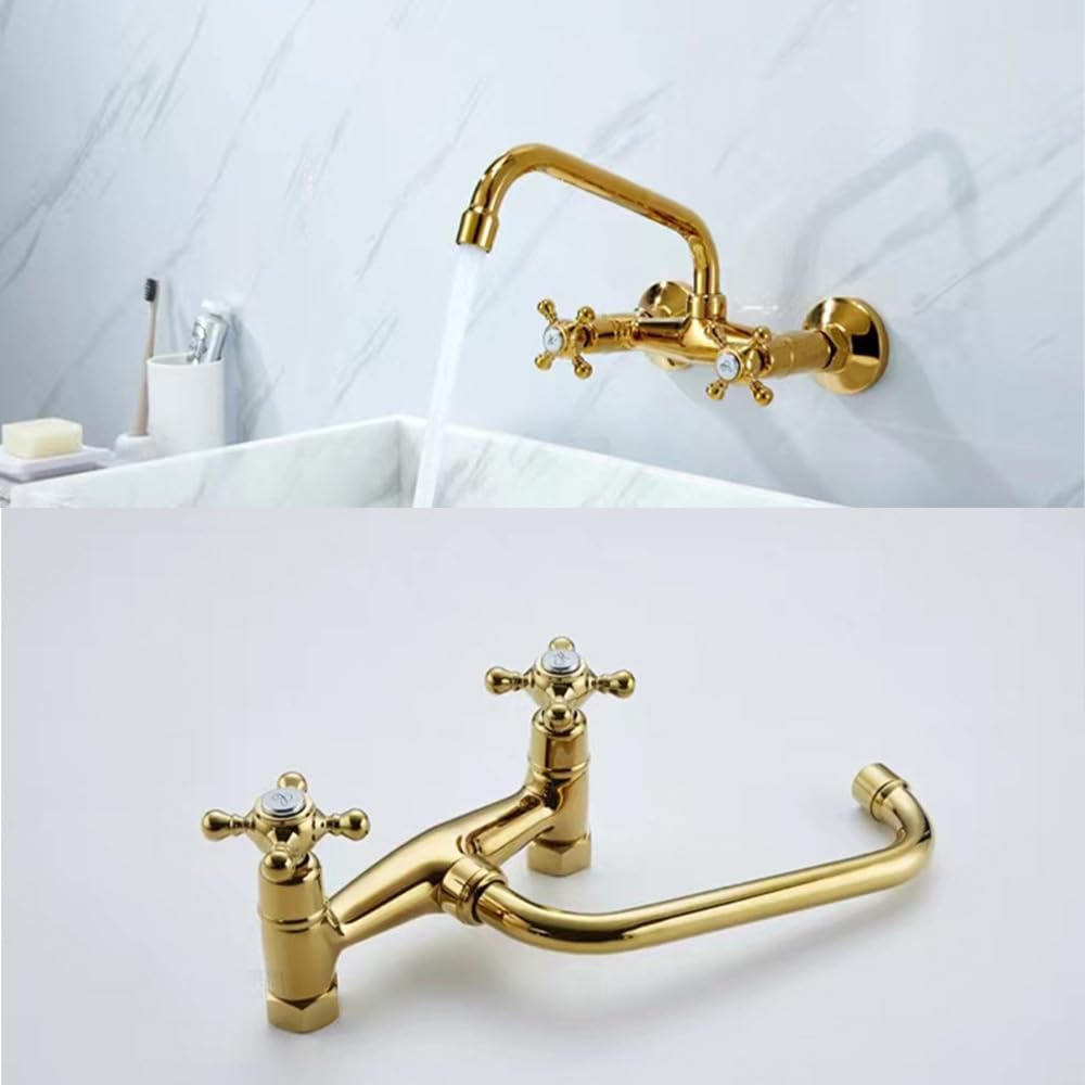 Grifo de pared para cocina (latón) | Grifo mezclador de doble mango, color dorado