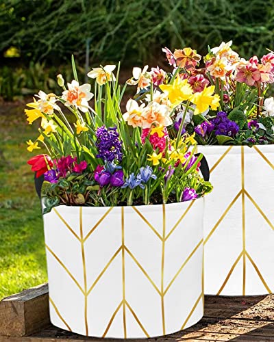 Zfuncing 3 Gallon Grow Bags Golden Lines Chevron Geometry - Thickened Garden Planting Bag With Handles,Abstract Herringbone On White Felt Fabric Planter Pots For Vegetables Potato Tomato #TOP2
