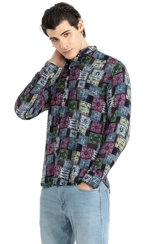 Image of SNITCH Nomadic Fish Spread Collar Printed Slim Fit Shirt Blue