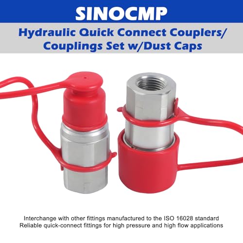 Image of 1 /2 inch Body & 1 /2 inch NPT Hydraulic Quick Connect Fittings Thread Set, Flat Face Hydraulic Couplers with Dust Caps, High Flow Skid Steer ISO 16028 Hydraulic Fittings