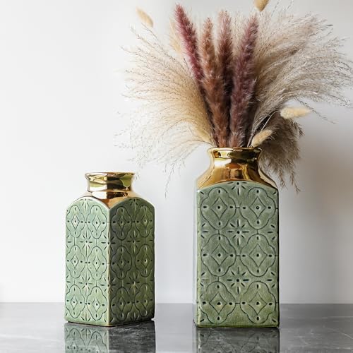 Lizofer Modern Ceramic Vase Set Of 2 For Living Room Bedroom 9.3'' And 7.9'' Flower Vases For Home Decor Office Centerpieces Vintage Antique Green Gold Farmhouse Rustic Minimalist Gift For Fake Plant thumb #2
