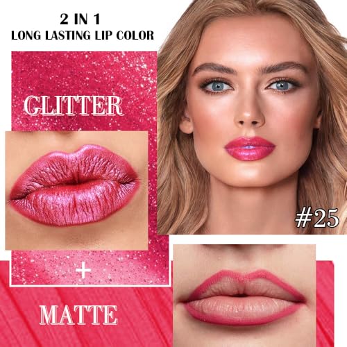 Image of evpct Rose Red Metallic Glitter Lip Liner and Lipstick Combo Lip Gloss Stain Set Makeup for Women Long Lasting Waterproof 24, Non Stick Cup Metal Shine Shimmer Iridescent Liquid Lipstick 25