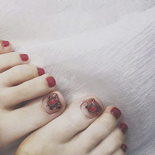 Light Rain Press on Toenails for Women - Mistery, 3D Red Fake Toenails, Reusable 7 Layers Gel UV Finish Hand Painted Vintage Ethnic Bohemian Art by Professional Manicurist, Short Square, Medium Size