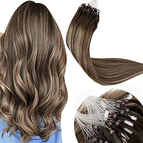 LaaVoo 22inch Micro Loop Hair Extensions Balayage Human Hair Micro Beads Remy Loop Dark Brown Mixed Ash Blonde Cold Fusion Extension Silicone Micro Beads Stick Tip Hair Extensions 50g/50s#4/18/4
