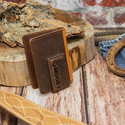 Image of HOOEY Grayson Men's Leather Bifold Money Clip Wallet - Brown & Tan Genuine Distressed Leather, Hand Tooled Western Filigree, Slim Bifold with ID Window & Card Slots