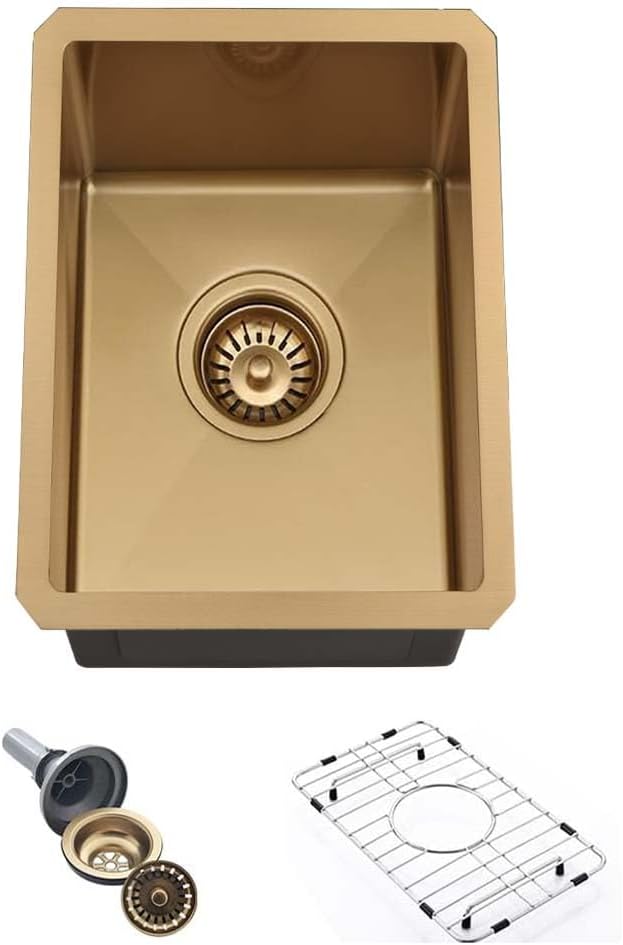 12 Inch Gold Bar Sink Undermount-Wesliv 12x16 Inch Small Bar Sink Gold Undermount Kitchen Sinks Wet Bar Prep 16 Gauge Stainless Steel Single Bowl Island Sinks with Bottom Grid 12L x 16D x 10H Gold