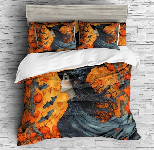 REALIN Witch Themed Magical Decor for Kids Duvet Cover Set Halloween Decor Bedding Girl Boy Kids Bed Sets 3/4PCS Quilt Covers/Sheets/Pillow Shams,Twin/Full/Queen/King (A,Twin-172x218cm-3PCS)