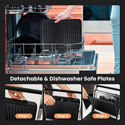 Petsite Panini Press Sandwich Maker, Electric Grill With 2 Detachable Non-Stick Plates, Independent Temperature Control, 4H Timer, 5 Auto Modes & Drip Tray, Black #TOP4