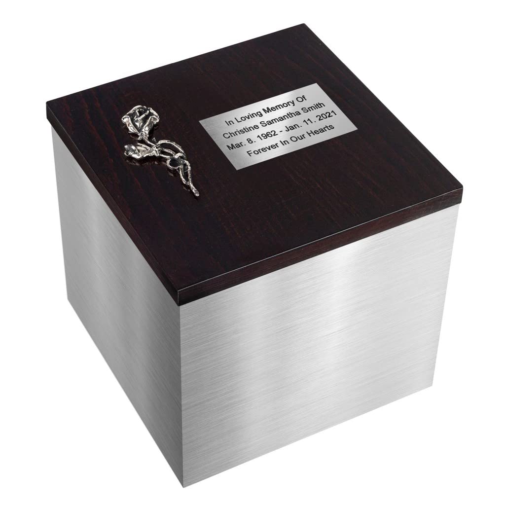 Remember Forever Caja de acero inoxidable para cenizas, caja conmemorativa única, urna de cremación de metal con placa grabada, urna de cremación exclusiva (rosa/placa)