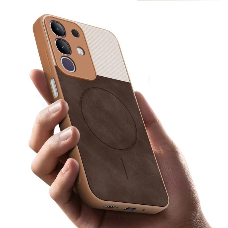 Image of Bintage case Dual-Leather Macc-Safe Design Phone Case| Soft Touch Finish | Full Camera Protectection Back Cover Compatible for iQOO I2404 / Z10x 5G - White & Choco Brown