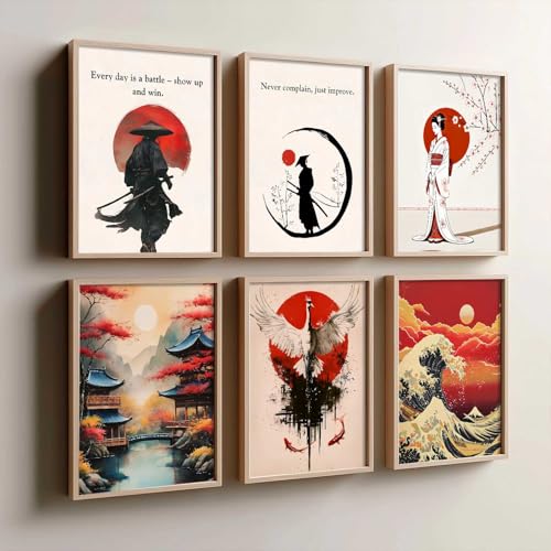 Image of HOTHOUSE Japanese Samurai Motivational Art Wall Framed Posters | Aesthetic Japanese Art Framed Poster for Living Room Bedroom Gaming Room Studio Wall Decor Set Of 6 (10X13 inch)