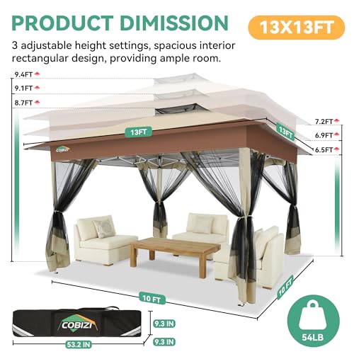 Image of COBIZI 13x13 FT Pop up Gazebo on Clearance - Outdoor pop up Canopy Tent,carpas para Patio, Shelter - Screen Tents with Portable Carry Bag, Patio Gazebos for Camping,Garden,Deck,Backyard,Khaki