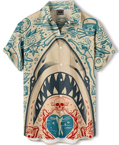 Men's Shark Print Hawaiian Shirt, Short Sleeve Button Down, Regular Fit, Green and Orange